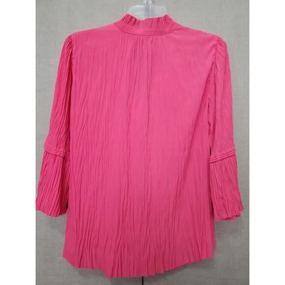 Chico's Pink Crinkle Texture Pleated Ruffle Neck Tiered Flare Sleeve Blouse Sz S - Picture 5 of 7